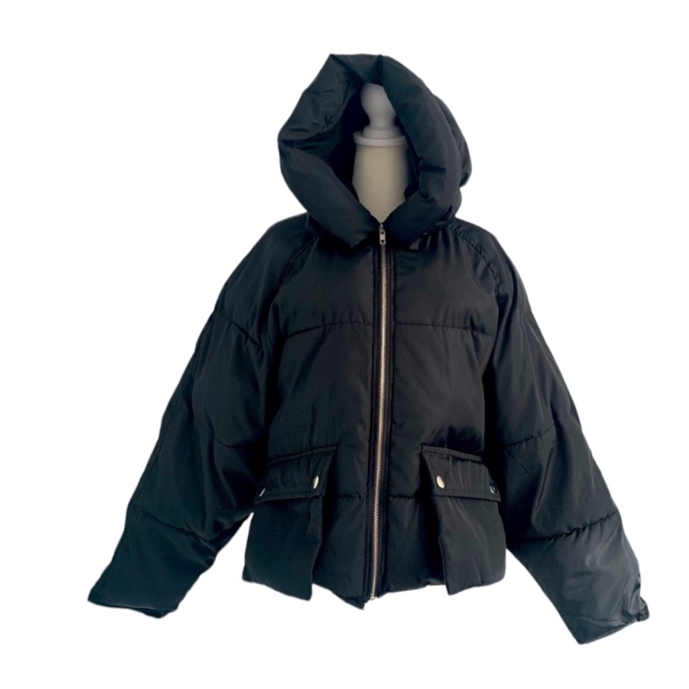 Public Desire Jacket Black Medium Short Hooded Zip Up Poof Coat Outerwear
